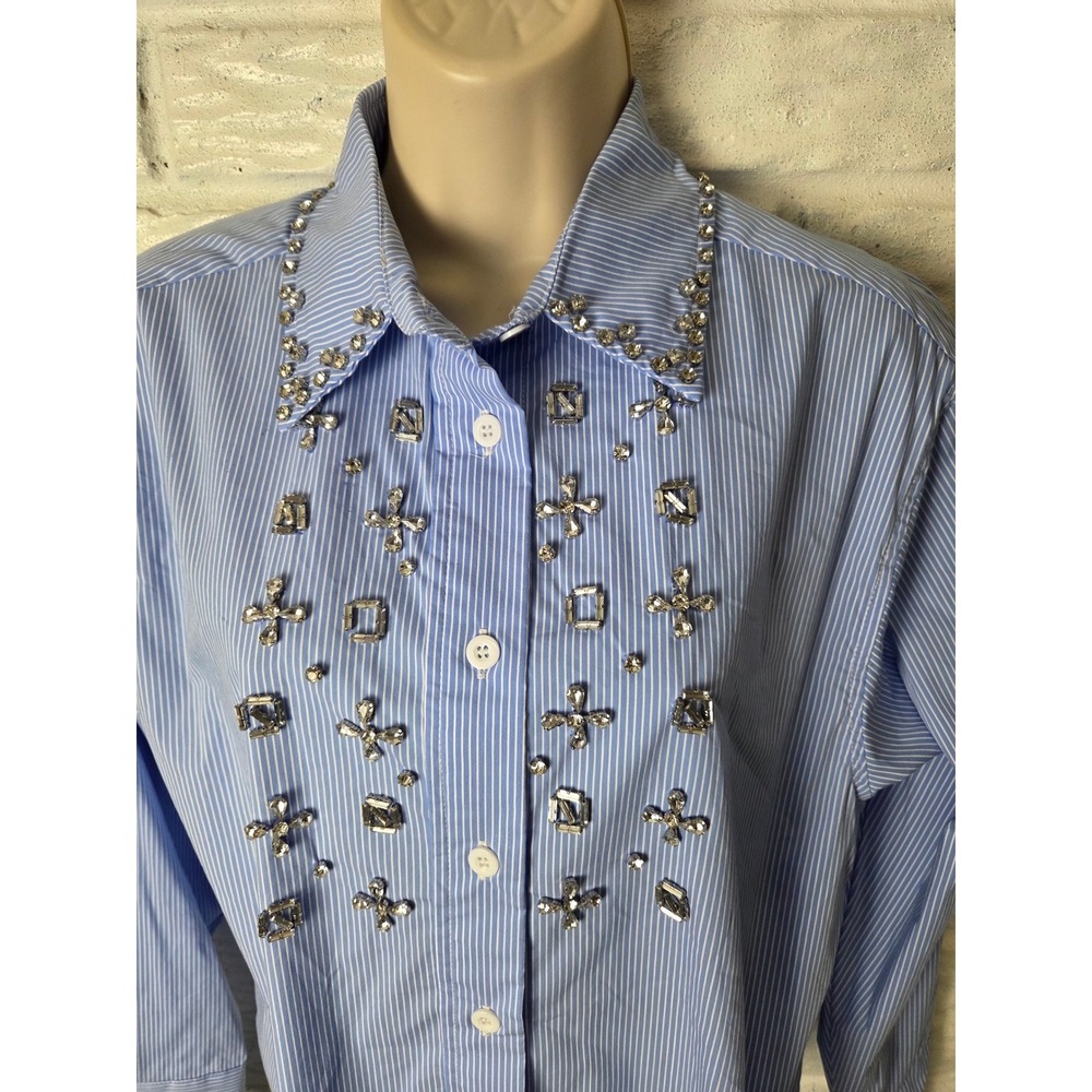 Western Women's blouse Sz Small BLUE B l/s Jewels Blue Pinstripe Button up NWT - Picture 3 of 13
